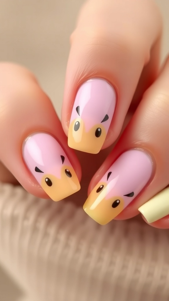 Duck-Shaped Nail Design Guide Duck-shaped nails with pastel colors and nail art designs on a neutral background.